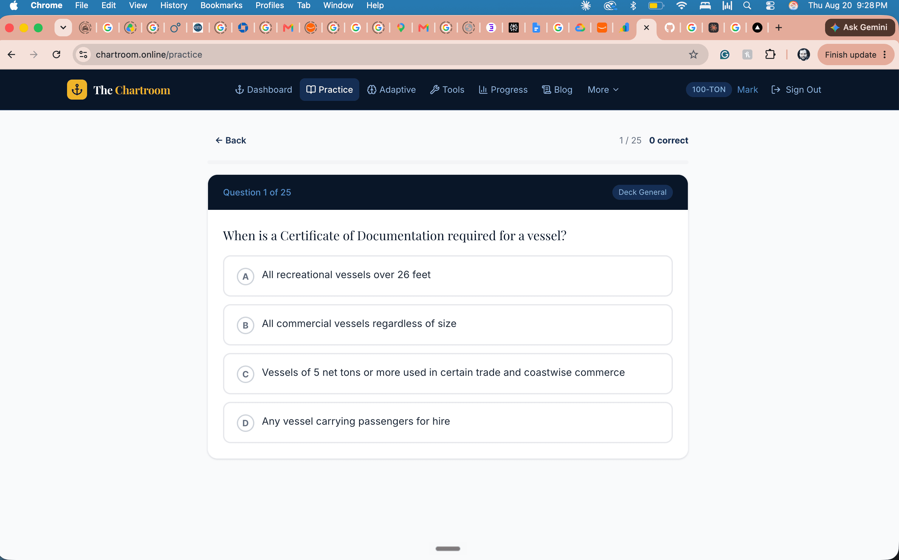 The Chartroom practice mode — USCG exam prep questions
